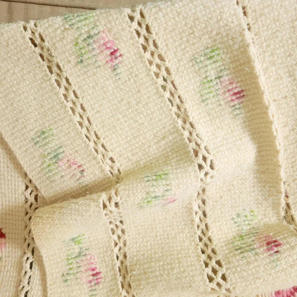 Hand Knit Cottagecore Throw Blanket Afghan Intricate Rose Needlepoint Design
